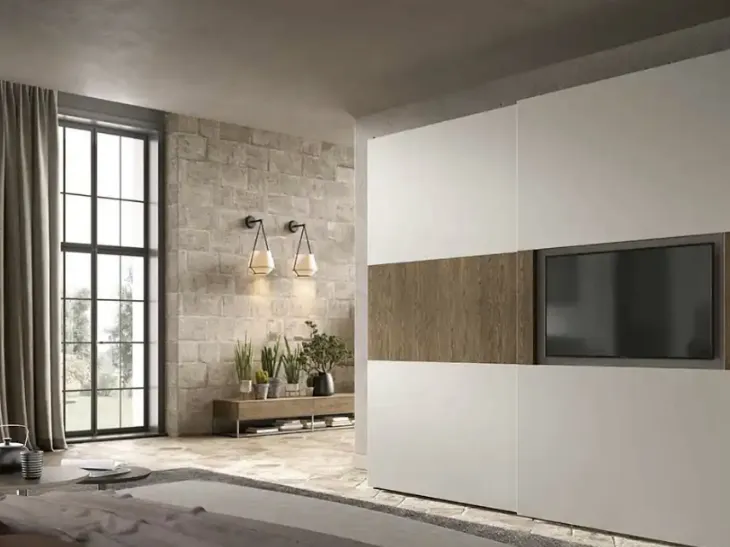 Armadio con ante scorrevoli Brunale TV S159 in laccato e impiallacciato rovere di Moretti Compact Giorno Notte