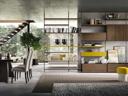 Libreria a muro e divisoria Kosmos KL219 in legno e laccato opaco di Mercantini