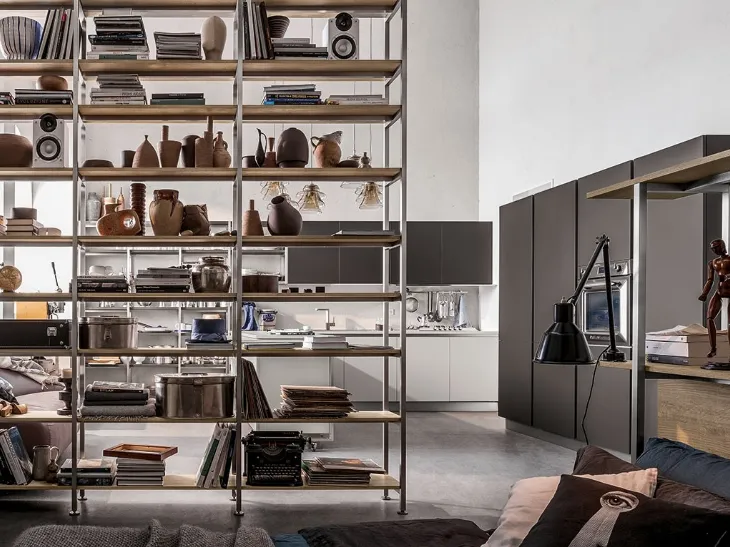 Libreria divisoria Tribeca finitura acciaio e Play Rovere Medio di Veneta Cucine