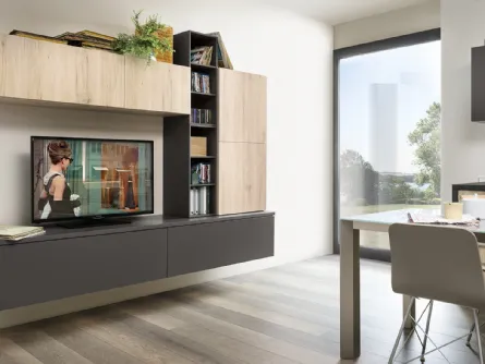 Parete Attrezzata Living Play finitura Rovere Medio e laccato opaco Ardesia di Veneta Cucine