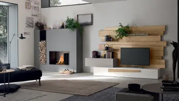 Parete Attrezzata SC1001 in Rovere Naturale e laccato opaco con mensole metal grey di Maronese Acf