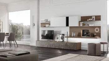 Parete Attrezzata Seta SA2230 in melaminico marmo Ash Stone, Rovere, Avena, Bianco e laccato opaco Ferro di Maronese Acf