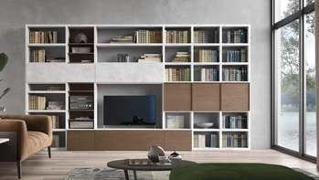 Parete Attrezzata Sistema Spalla Comp SA2222 in melaminico cemento Grigio e impiallacciato Nocciola di Maronese