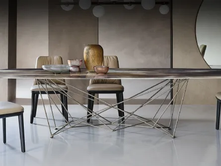 Tavolo con piano in cristallo con stampa e base in acciaio Gordon Crystalart di Cattelan Italia