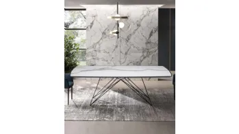 Tavolo Pegaso con top in Legno con inserto in Ceramica e base in tondino di acciaio di Riflessi