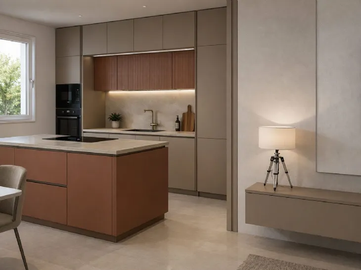 Cucina contemporanea tra terracotta, tortora e legno