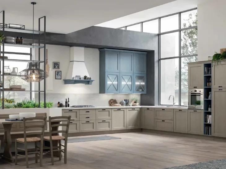 Cucina Classica angolare Eva in Tinta Cemento e Azzurro di Arrex