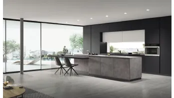 Cucina Moderna con isola e penisola AL 32 Hpl Cemento e Vetro opaco Nero di Arrex