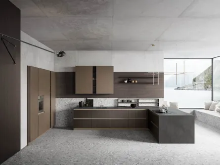 Cucina Moderna con penisola Anice 03 in Rovere Carbone, nobilitato Old Brass e Calce Nero di Valdesign