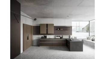 Cucina Moderna con penisola Anice 03 in Rovere Carbone, nobilitato Old Brass e Calce Nero di Valdesign