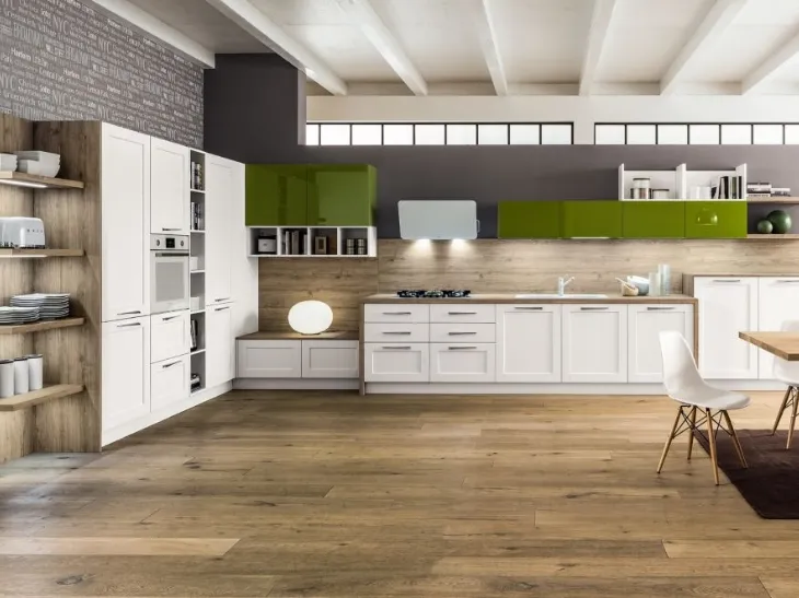 Cucina Moderna angolare Curry mod Timo in Rovere laccato Bianco e laccato lucido colore Oliva di Arrex