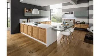 Cucina Moderna angolare con penisola Curry in Rovere Naturale e laccato Bianco di Arrex