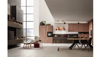 Cucina Moderna lineare Lab in finitura legno Old Oak Petrolio e Oxide Mattone di Arrex