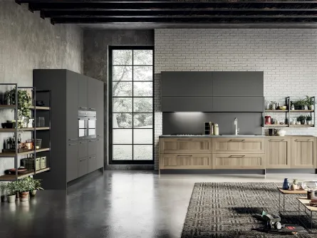 Cucina Moderna lineare in laminato effetto legno e laccato opaco grigio Cloe di Arredo3