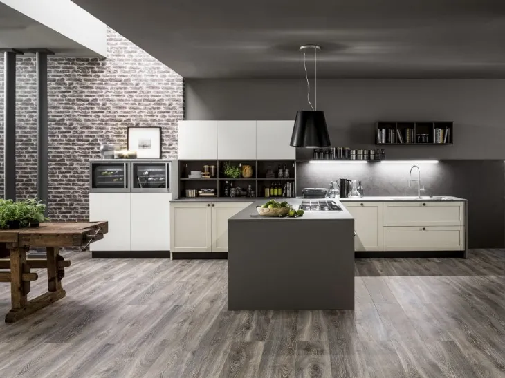 Cucina Moderna con penisola Dallas in PET Cappuccino di Arrex