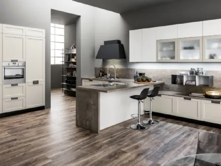 Cucina Moderna con penisola Dallas in PET Cappuccino e Bianco di Arrex