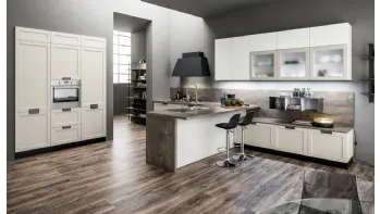 Cucina Moderna con penisola Dallas in PET Cappuccino e Bianco di Arrex