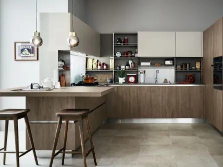 Cucina Moderna Ethica Go angolare in finitura Quercia Medio Dek e Silk Grigio Tortora di Veneta Cucine
