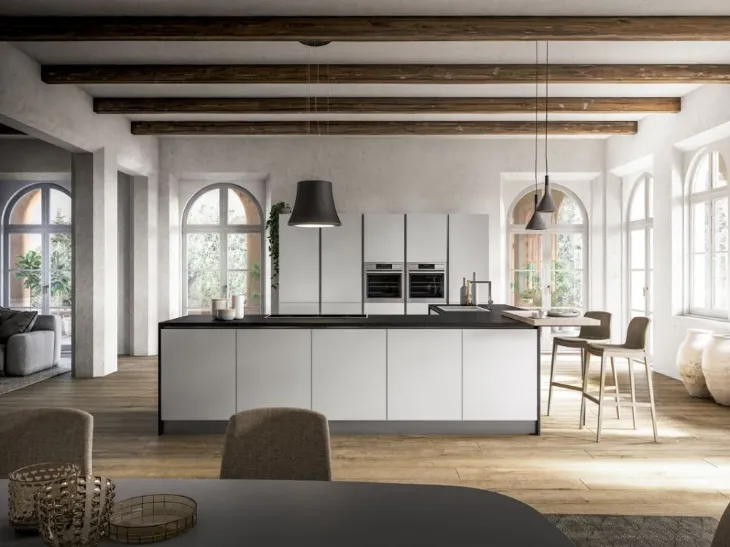 Cucina Moderna angolare con penisola Fenix in laminato Bianco Kos di Arrex
