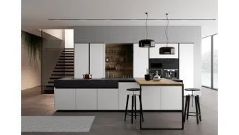 Cucina Moderna Glass 2 0 in vetro opaco bianco puro con penisola in laminato Noce Imperial di Arredo3