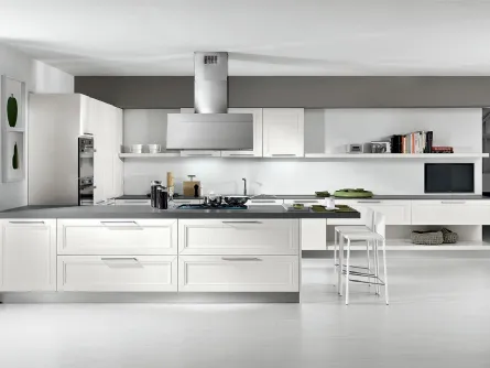 Cucina Moderna Itaca angolare a ferro di cavallo in legno massello di Frassino laccato Bianco a poro aperto di Arredo3