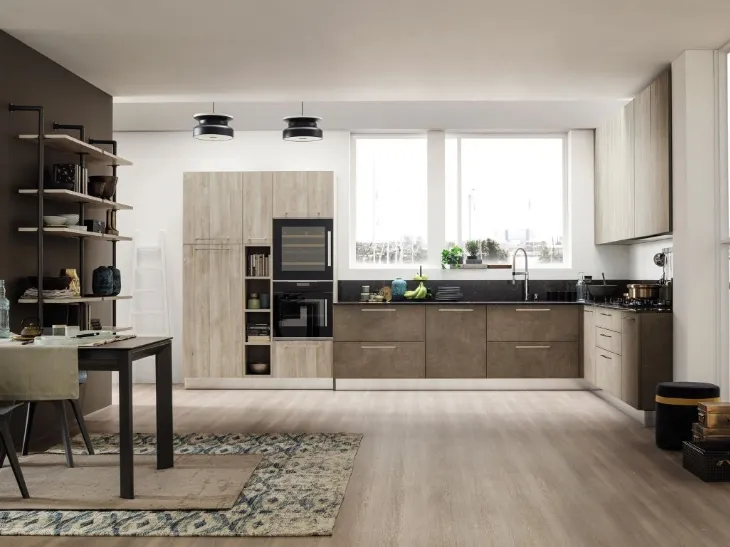 Cucina Moderna angolare finitura Lab Oxide Terra e Old Oak Mandorla di Arrex