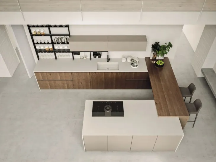 Cucina Moderna con isola e penisola Loft Wood finitura Pepe e laccato Beige di Arrex