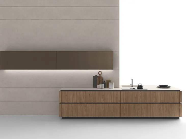 Cucina Moderna Logica 01 finitura nobilitato Noce naturale conb top in laminam Fokos sale di Valdesign