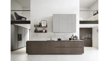 Cucina Moderna lineare Logica 06 finitura nobilitato Old Copper e Cemento Grigio di Valdesign