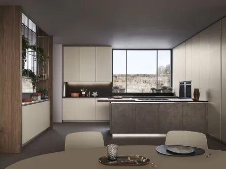 Cucina Moderna Lounge con penisola in laccato Grigio Corda e Noce Nodoso di Veneta Cucine