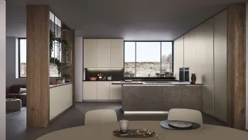 Cucina Moderna Lounge con penisola in laccato Grigio Corda e Noce Nodoso di Veneta Cucine