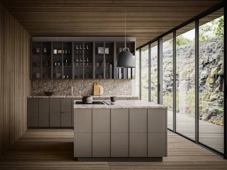 Cucina Moderna Maggiorana finitura laccato Fango Opaco con top in Marmo Emperador opaco di Valdesign