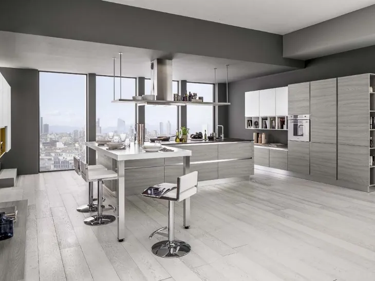 Cucina Moderna con penisola Mango in Frassinato Grigio di Arrex