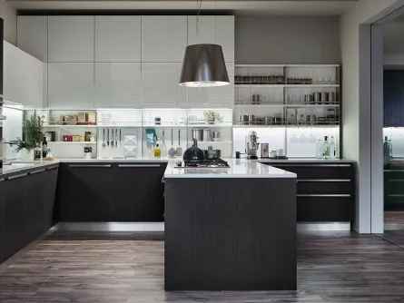 Cucina Moderna con penisola Extra in Rovere Grafite e laccato lucido Bianco Puro di Veneta Cucine