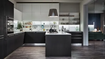 Cucina Moderna con penisola Extra in Rovere Grafite e laccato lucido Bianco Puro di Veneta Cucine