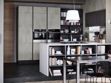 Cucina Moderna Oyster con penisola in finitura Beton Grigio Dek e Ardesia di Veneta Cucine