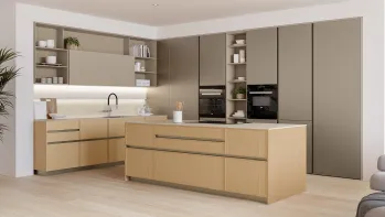 Cucina Moderna con isola Sakura 04 in Rovere Ikebana e laccato Alabastro di Veneta Cucine