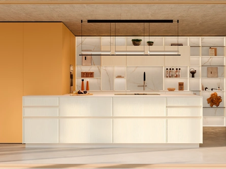 Cucina Moderna con penisola Sakura 11 in Frassino laccato Bianco e laccato opaco Pesca di Veneta Cucine