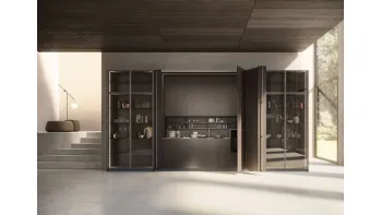 Cucina Moderna lineare a scomparsa in laccato con ante in rovere carbone Sesamo 02 di Valdesign