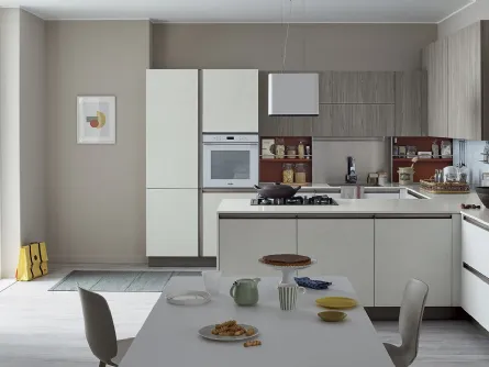 Cucina Moderna Start Time Presa angolare con penisola in finitura Graffiato Gesso, laccato Rame e olmo Neutro di Veneta Cucine