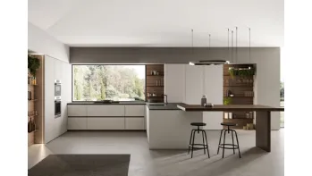 Cucina Moderna angolare laccato opaco Nebbia con penisola in Eucalipto Noce Time di Arredo3