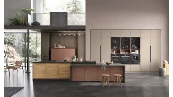 Cucina Moderna lineare Twin Okobo Natural e Lab Oxide Marrone di Arrex