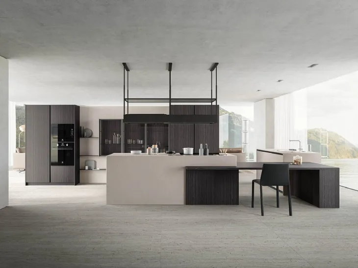 Cucina Moderna con isola angolare Zafferano 03 finitura laminato Fokos e nobilitato Eukalipto fossile di Valdesign