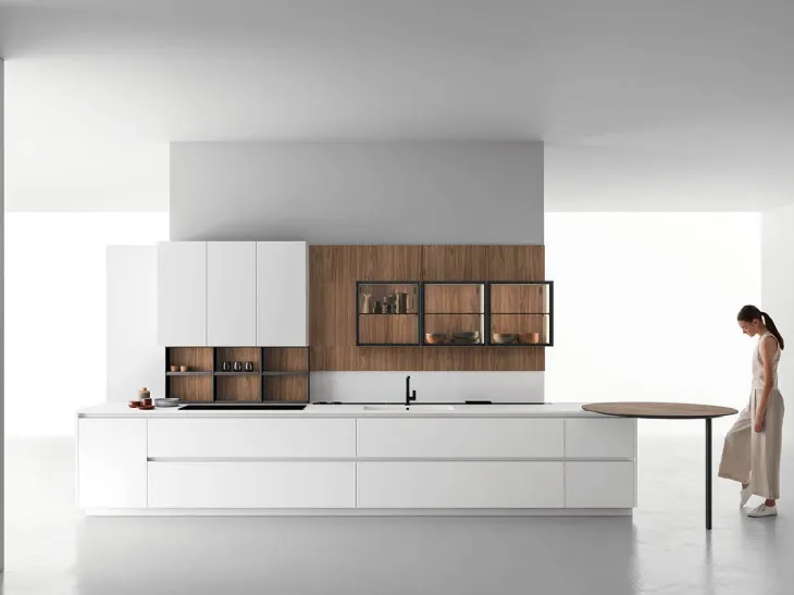 Cucina Moderna in laccato opaco Calce con penisola in Noce naturale Zafferano 04 di Valdesign