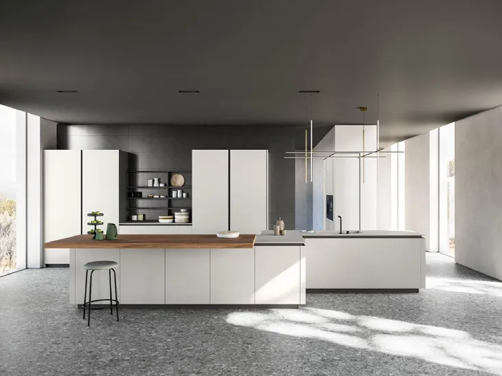 Cucina Moderna con isola finitura Fenix Grigio Efeso con piano tavolo in nobilitato Noce naturale Zafferano 05 di Valdesign