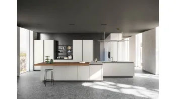 Cucina Moderna con isola finitura Fenix Grigio Efeso con piano tavolo in nobilitato Noce naturale Zafferano 05 di Valdesign