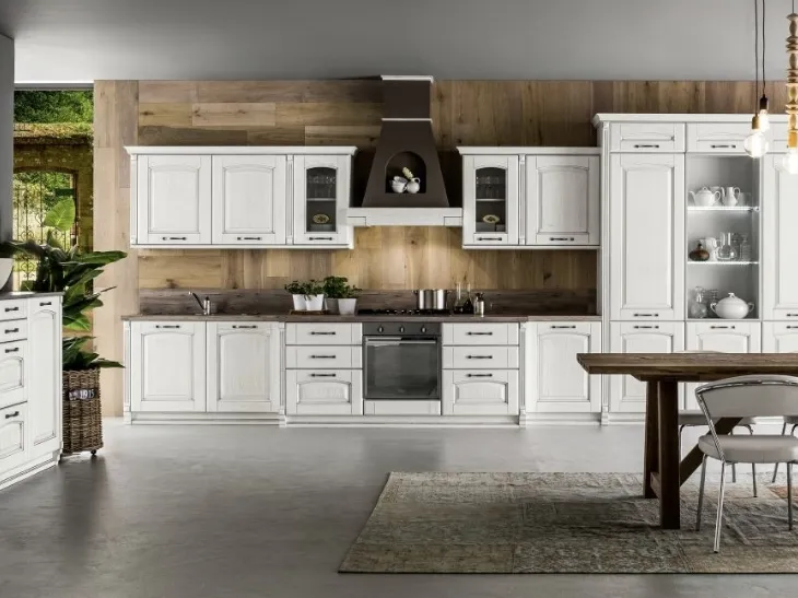 Cucina lineare Shabby Chic Magda in legno di Rovere Decapè Gesso di Arrex