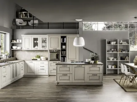Cucina Shabby Chic angolare con isola centrale Nora in legno Decapé Gesso ed Ecru di Arrex