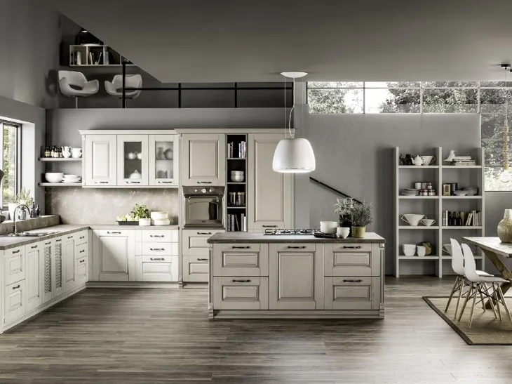Cucina Shabby Chic angolare con isola centrale Nora in legno Decapé Gesso ed Ecru di Arrex