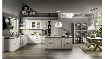 Cucina Shabby Chic angolare con isola centrale Nora in legno Decapé Gesso ed Ecru di Arrex